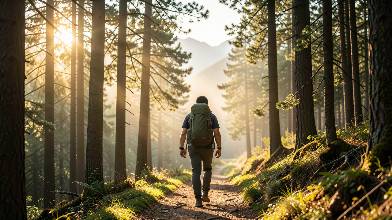 Une personne fait une randonnée sur un sentier en forêt, avec un sac à dos, sous des rayons de soleil et une légère brume, des montagnes et un chemin au loin.
